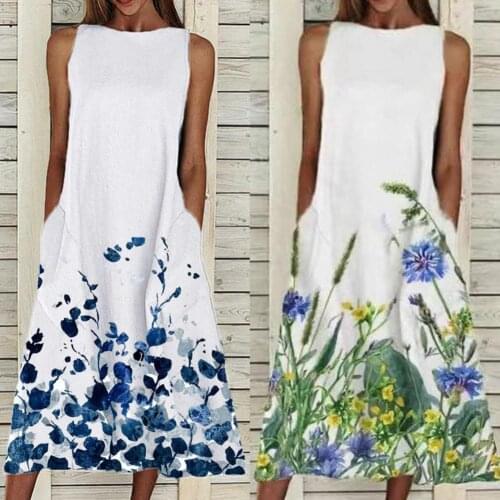 Summer Midi Long Dress Elegant Robe Dress Party Women Floral Print Sleeveless A-Line Round Neck Midi Long Dress Sundress Vintage