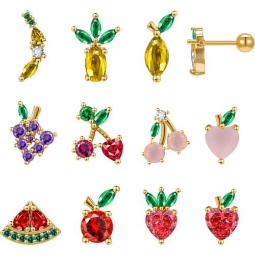 ZS 18G 14K Gold Plated Stud Earrings Glitter Zirconia Opal Ear Stud for Girls Women Fruit Helix Cartilage Conch Piercing Jewerly