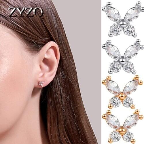 ZYZQ Small Fresh Butterfly Earrings Simple Super Fairy Temperament Crystal Small Butterfly Earrings Copper CZ Earrings