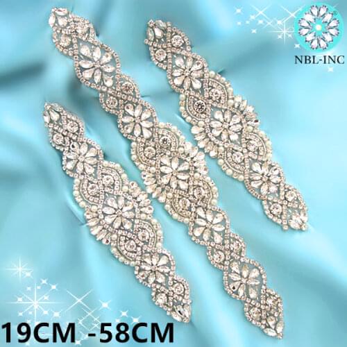 1PC) Rhinestones bridal silver crystal Applique gold patches beaded sew on iron on applique trim for wedding dresses WDD0403-M