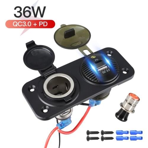 12V 24V 36W Quick Charge Marine USB Outlet Panel Cigarette Lighter Socket Splitter PD & QC 3.0 Car Power Adapter Charger Vehicle
