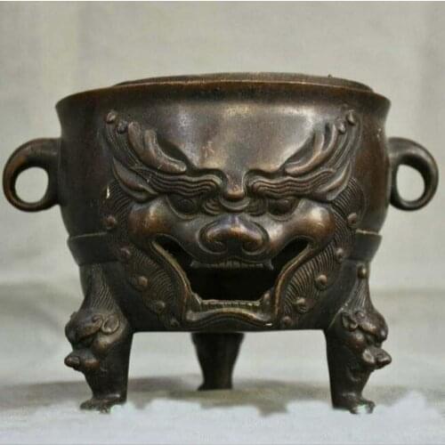 7" Old Chinese Bronze Palace Beast Face 3 Foot incense burner Censer