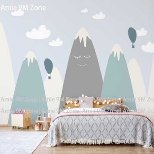 Pale green and blue cartoon moutain for kids room wallpapers drawing art for childrens wall decor