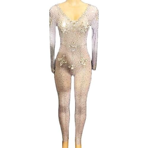 Shining Diamond Long Sleeve Women Jumpsuit Nightclub DJ Singer Pole Dancing Stage Wear Net Yarn White Skinny Stretch Bar Costume