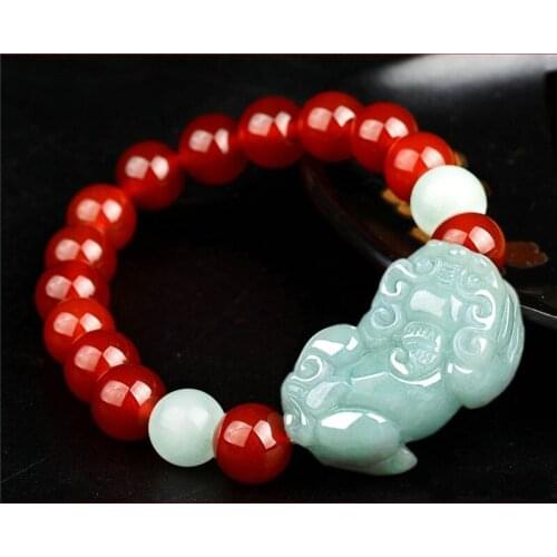 Natural Jadeite A Stone PIXIU Bracelet New Cute Handmade Carved With Red/Black Beads Women Mens Gift Bracelets Jades Jewelry