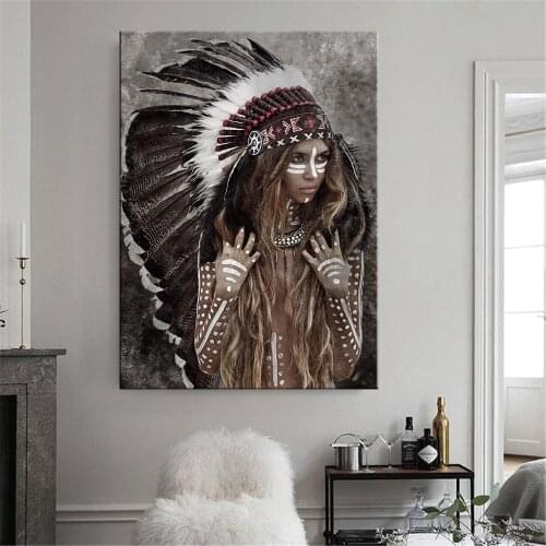 Cherokee Girl Portrait Canvas Painting Indians Feather Figure Painting Modern Wall Pictures For Living Room Home Decor