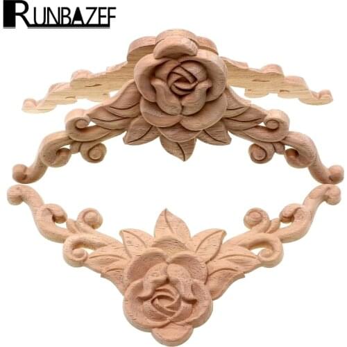 RUNBAZEF SRose Floral Wood Carved Decal Corner Applique Decorate Frame Wooden Figurines Cabinet Decorative Crafts