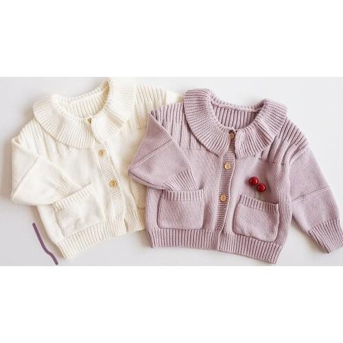 Kids Sweaters 2021 Autumn and Winter Baby Girls Korean Sweater Cardigan Lapel Solid Casual Thick Knit Cardigan for Girl Sweaters