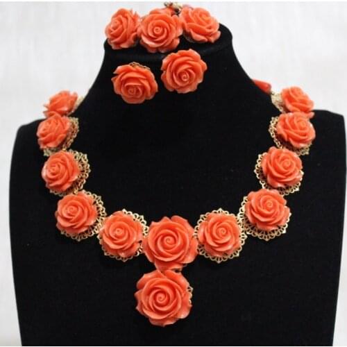 4UJewelry African Beads Jewelry Set Orange Coral Flowers Nigeria Set 3 Pieces Earrings Bracelet and Necklace Set For Bride Women