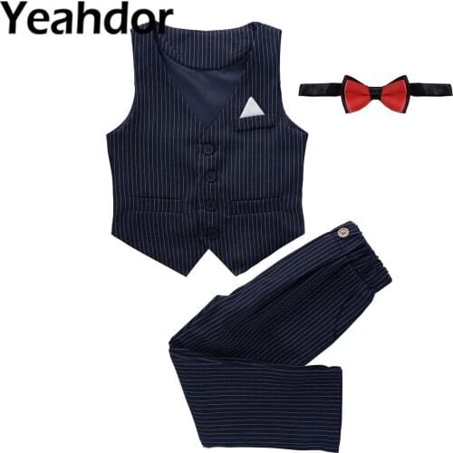 3Pcs Childrens Clothes Sets Kids Boys Striped Outfits Gentleman Party Suits Button Down Vest Pants Flower Boys Wedding Suits