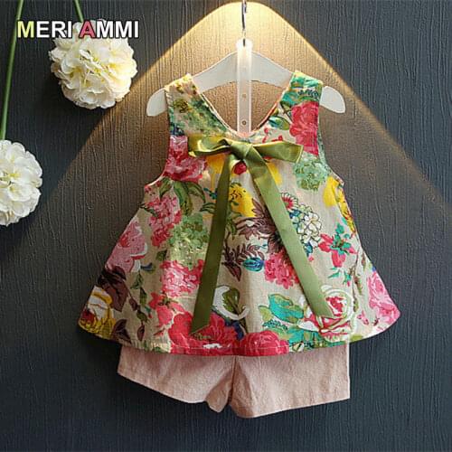 MERI AMMI 2 pcs Set Children Girl Clothing Outfit Set Sleeveless Floral Top+White Shorts For 2-13 Year Girl