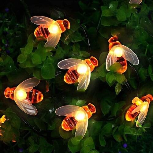 2021New Solar Powered Cute Honey Bee LED String Fairy Light 10-50LED Bee Outdoor Garden Fence Patio Christmas Garland Lights