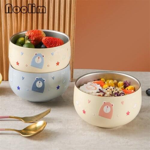 Japanese Stainless Steel Cute Cartoon Beer Kids Rice Ramen Bowl Double Insulation Instant Noodles Children Tableware 400ML