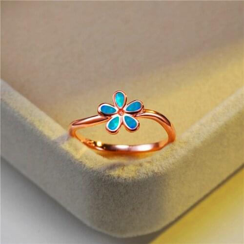 Cute Female Blue White Opal Ring Dainty Rose Gold Adjustable Wedding Rings For Women Minimalist Bridal Flower Engagement Ring