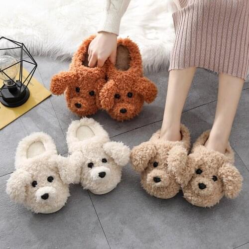 New Autumn Winter Women Slippers Cute Cartoon Dog Indoor Floor Anti-slip Shoes Children Ladies Indoor Bedroom Cotton Fur Slides