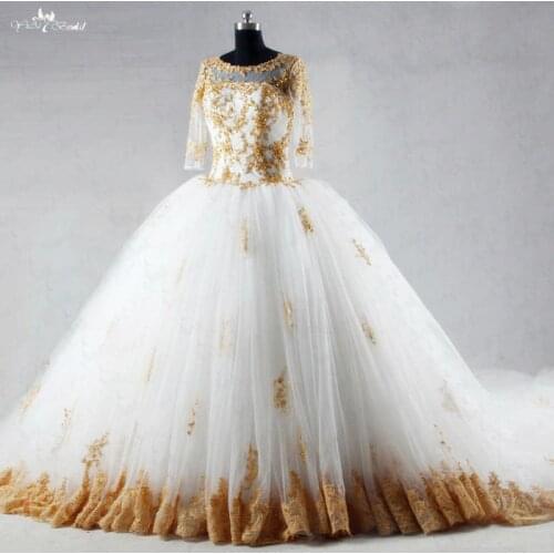 RSW1035 Three-quarters Sleeves Long Tail Wedding Dresses White And Gold Ball Gowns