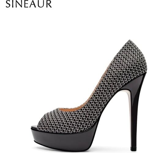 SINEAUR Shoes for women Fashion Super High 13CM Ladies Thin Heels Stiletto Round-toe Platform Stiletto Printed PU Office Dress