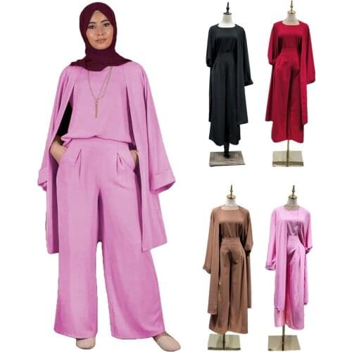 Three-piece Abaya Turkish Kimono Tops Wide Leg Pants Muslim Women Dress Cardigan Abayas Robe Dubai Caftan Kaftan Islamic Clothes