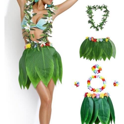 Leaf Hula Skirt and Hawaiian Wreath Set Grass Skirt with Artificial Flowers for Hula Costume Beach Party Game Props