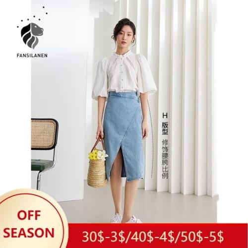 FANSILANEN Office Lady Light Blue Denim Skirt Womens Summer 2021 Season Thin Slit Bag Hips Long Denim Skirt For Women Clothes
