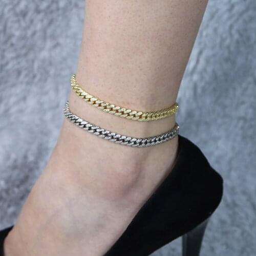 2020 New Fashion 2 Colors 6.5mm Width 2 Size Iced Out Hip Hop Shiny Anklet Dainty Jewelry For Women Wedding Gift