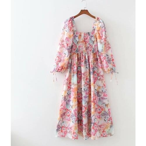 New Women Vintage Floral Printed Smocked Dress Elastic Bust Square Neck Long Sleeves Casual Chic Lady Midi Dresses Woman Robe
