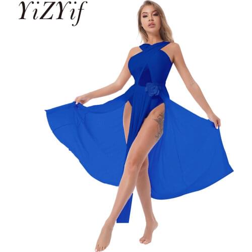 Ballet Leotards Dress For Women Halter Neck Open Back Sequin Lace Insert Bodice Flare Culottes Leotard Lyrical Dance Jumpsuit
