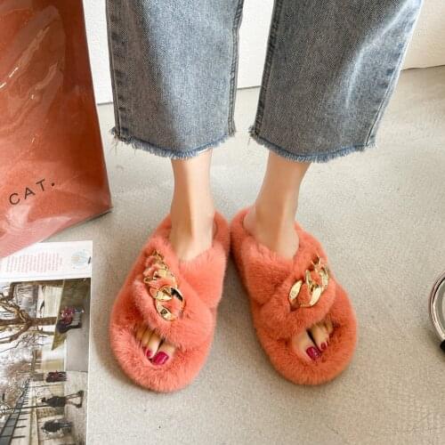 Winter Plush Slippers Solid Color Womens Sandals Fashion Open Toe Metal Chain Outdoor Casual Womens Shoes Plus Size