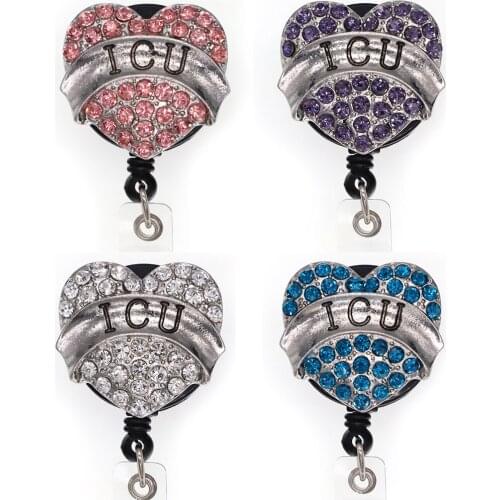 10 pcs/lot Free Shipping Heart ICU Rhinestone Retractable Id Badge Holder Reel