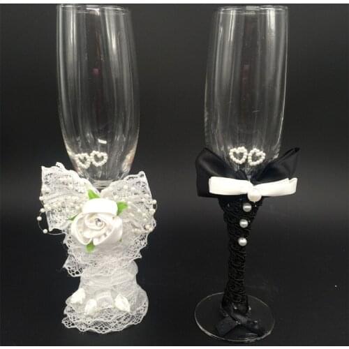 2pcs/set Wedding Glass Wedding Champagne ToastingFlutes with pearl heart and flower for Rustic Wedding Decoration