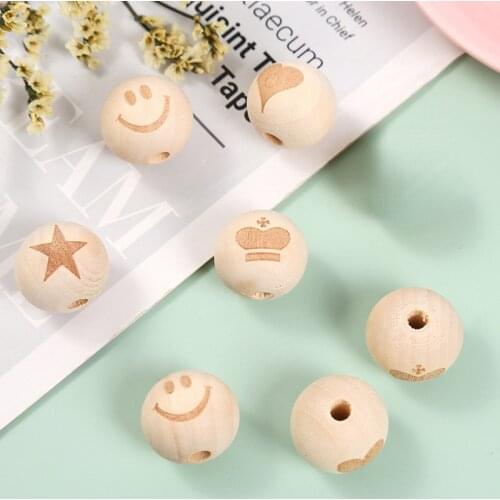20pcs 20mm Round Natural Wood Beads Laser Printing Smile Face Star Crown Heart Beads Wooden Beads for Key Chain Jewelry Making