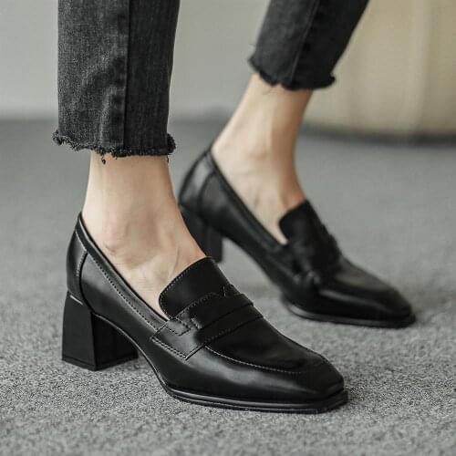 2021 Womens Shoes Fashion Loafers Womens British Small Leather Shoes All-match Soft Leather Mid-heel Thick Heel Single Shoes