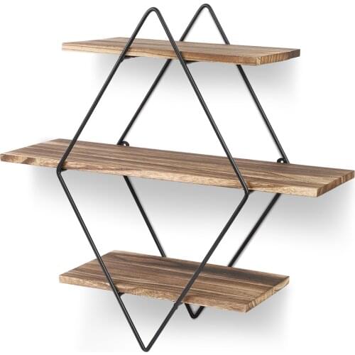 3 Tier Rustic Wood Wall Shelves Hanging Geometric Vintage Style Floating Wall Mounted Shelves For Living Room Bedroom Decoration