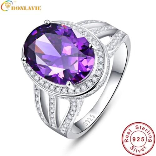 BONLAVIE 10.2 Carats Amethyst Purple Rings Real Pure 925 Sterling Silver Antique Female Designs Oval Ring Engagement Jewelry