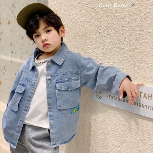 2021 Spring New Kids Shirts 2-8 Y Baby Boys Casual Denim Shirts Fashion Lapel Pockets Shirt Jacket For Boy Toddler Korean Blouse
