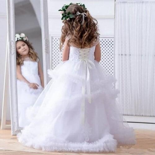 Elegant White Flower Girl Dresses for Wedding Lace 3/4 Long Sleeves Hollow Back First Communion Dresses for 2-14 Years