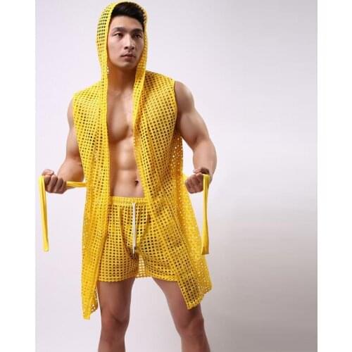 Mens Bathrobe Kimono Home Clothes Casual Sleepwear Mesh See Through Sexy Robe with Hood Mantle Pijama Men Homme Badjas Dressing