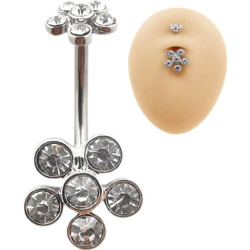 JHJT 14G New Fashion Navel Nail Piercing Body Jewelry Flower Pendant CZ 316L Surgical Steel Belly Button Rings for Women Girls