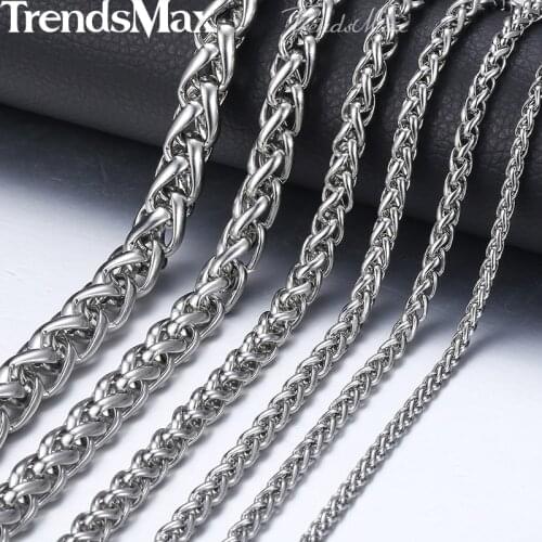 3-10mm Mens Stainless Steel Necklace Round Spiga Wheat Link Chain Hip Hop Necklace Jewelry for Men 18-36" KNM11