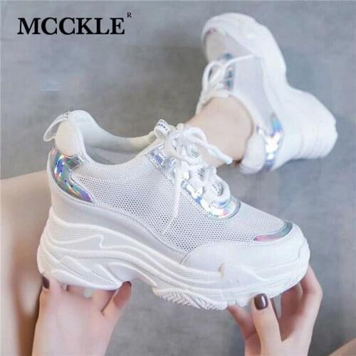 MCCKLE Women Platform Sneakers Hollow Breathable Mixed Colors Vulcanized Shoes Lace-Up Ladies Casual Shoes Woman 2021 Summer