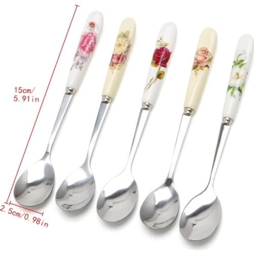 Ceramic Handle Spoon Stainless Steel Dessert Coffee Spoons Ice Cream Teaspoon
