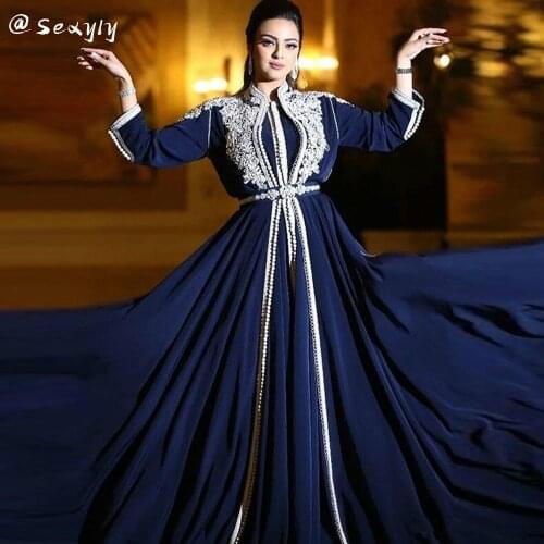Moroccan Kaftan Navy Blue Evening Dress 2021 With Sleeve A Line Chiffon Long Dubai Arabic Prom Gown Full Length Robe De Soirée