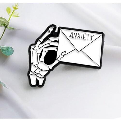 Fashion Simple Jewelry Cool ANXIETY Letter Skeleton Hand Enamel Brooch Pin Men Women Jeans Jacket Jewelry Gift