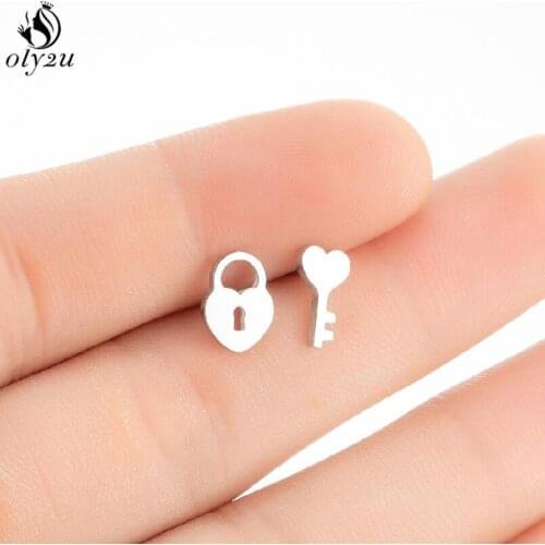 Fashion Stainless Steel Asymmetry Lock Key Earrings Small Square Arrow Flower Cherry Piercing Ear Earring For Women Jewelry 2021