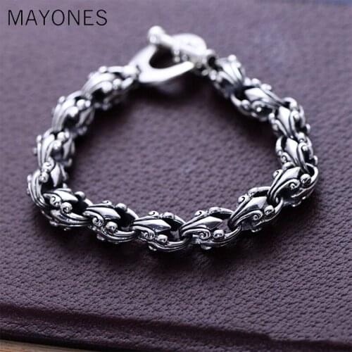 10mm width Vintage Thai Silver Crusade Flower Bracelet Solid 925 Sterling Silver Bracelet & Mens Punk Rock Bracelets 21.5cm