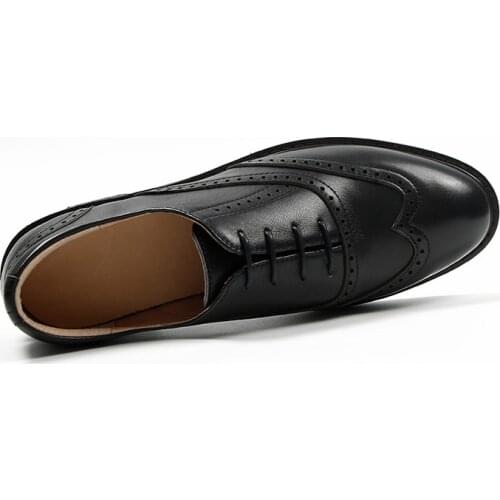 Oxfords Women Calfskin Genuine Leather Wingtip Lace-Up Closure Ladies Brogue Flat Derby Shoes Retro Brock womens Shoes