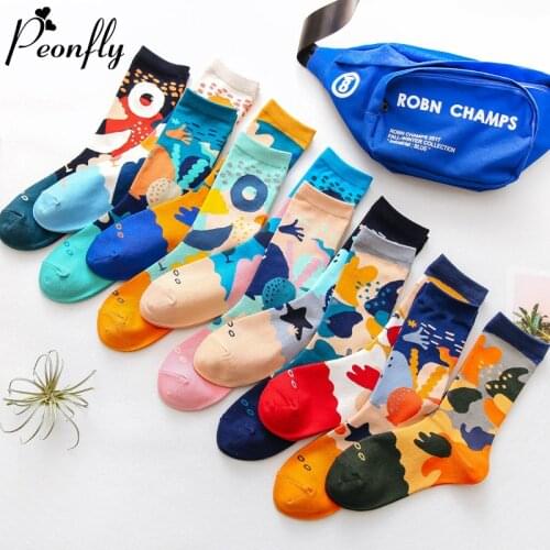 Peonfly 2020 New Autumn Winter Mens Breathable Casual Cartoon Combed Cotton Funny Fashion Happy Socks Retro Sokken
