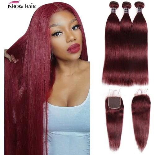 Ishow 99J Ombre Straight 3 Bundles With Closure Burgundy Bundles With Closure Red Hair Human Hair Bundles With Lace Closure