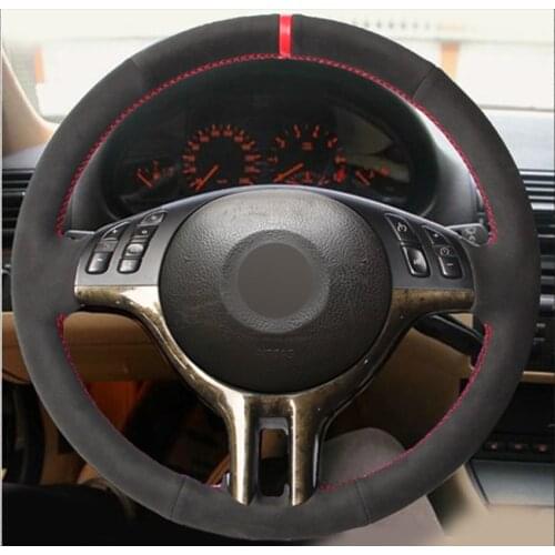 Hand sewing custom Black Suede Red Marker Red thread Car Steering Wheel Cover for BMW E39 E46 325i E53 X5