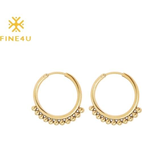 FINE4U E276 Gold Color Dainty Huggie Hoop Earring Bead Ball Spike Star CZ Sleeper Earrings Gifts for Her